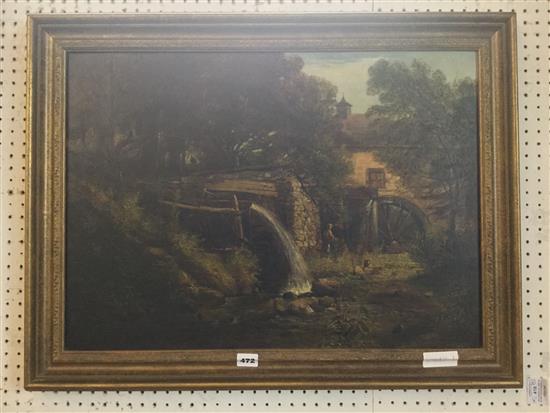 19th century English School Figure beside a watermill, 18 x 24.5in.
